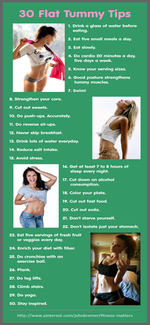 Here are thirty flat tummy tips. You don't have to do all of them to get a flat tummy. Do five or ten of them and you will get a flatter tummy and become much fitter. Fitness matters! 1. Drink a glass of water before eating. 2. Eat five small meals a day. 3. Eat slowly. More...
