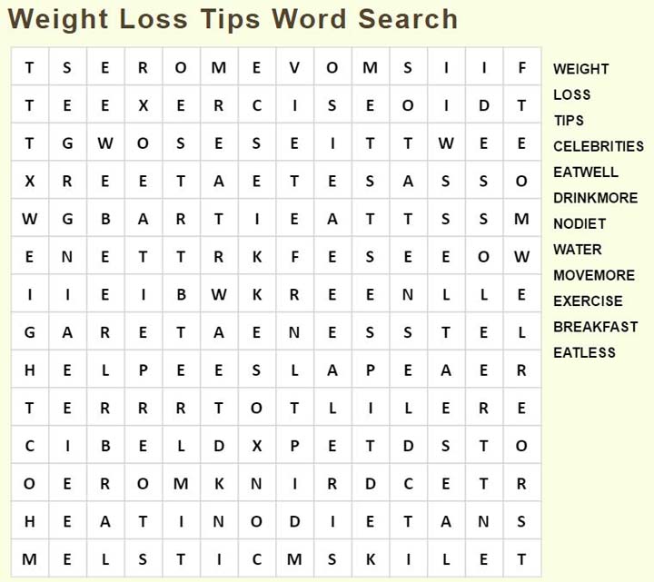 Weight Loss Tips Word Search: Celebrate your weight loss or diet success by finding these weight loss terms in this weight loss tips word search.