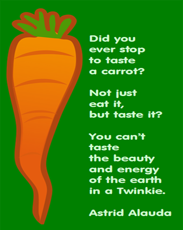 Did you ever stop to taste a carrot? Not just eat it, but taste it? You can't taste the beauty and energy of the earth in a Twinkie. - Astrid Alauda